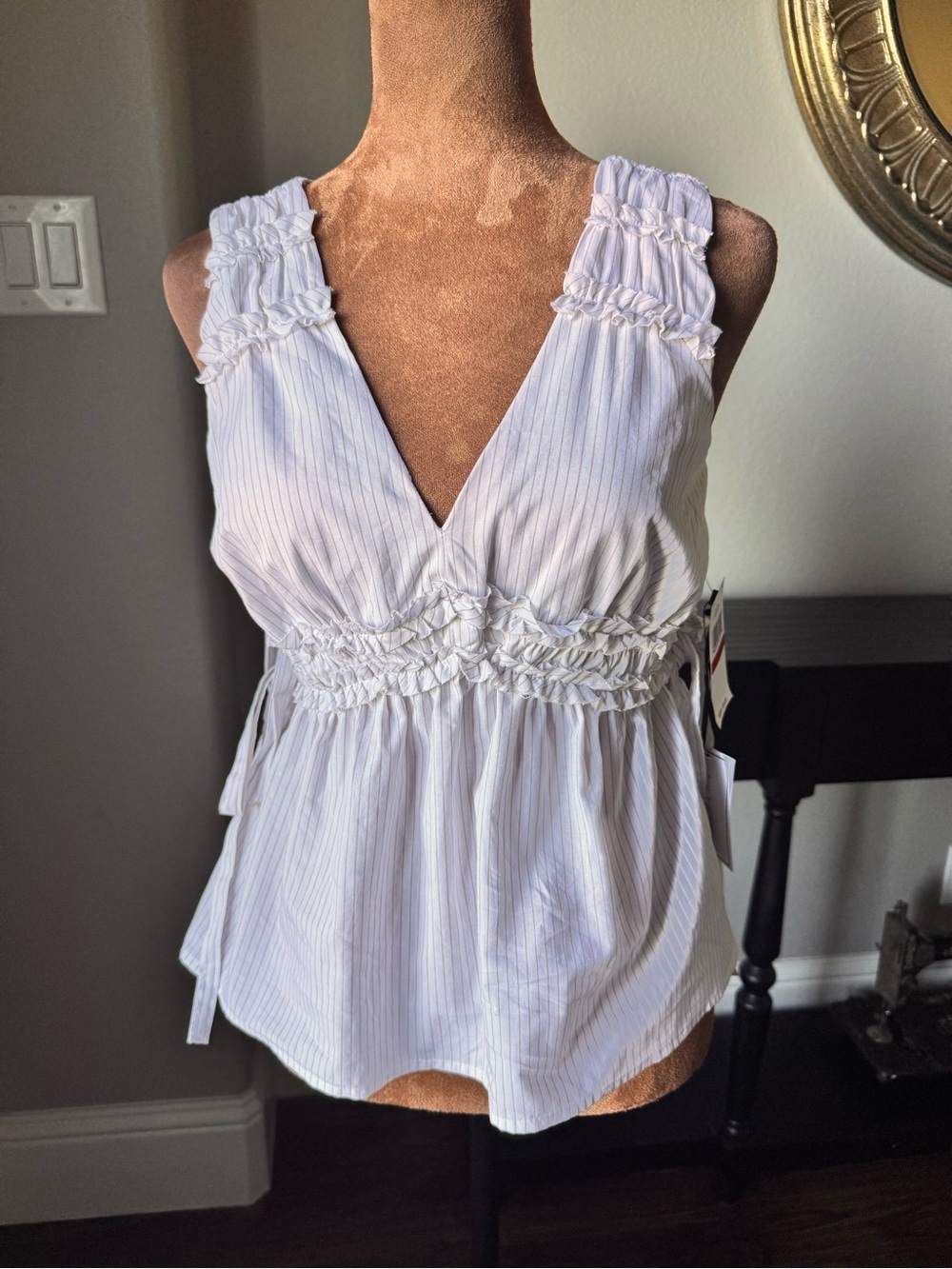 1.STATE NWT Cotton Tie Back Babydoll Top XS White Pinstripe Smocked Boho